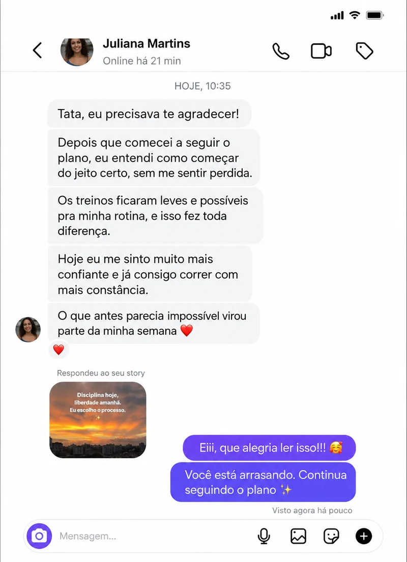 Depoimento de Juliana: Tornou o treino mais leve e possível dentro da própria rotina.